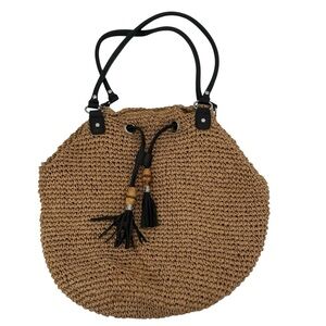 Elegant Tan Woven Straw Black Tassel Shoulder Bucket Bag Hobo Purse